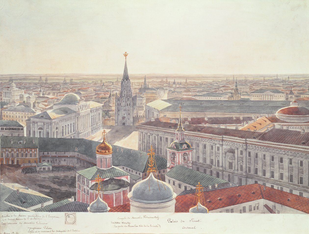 Panorama over Moskva, der viser det tidligere Senatspalads (nu kabinetskontoret), Wosnesenskoy-klosteret og det tidligere Arsenal, 1819 (se 17039-170146) af Gadolle