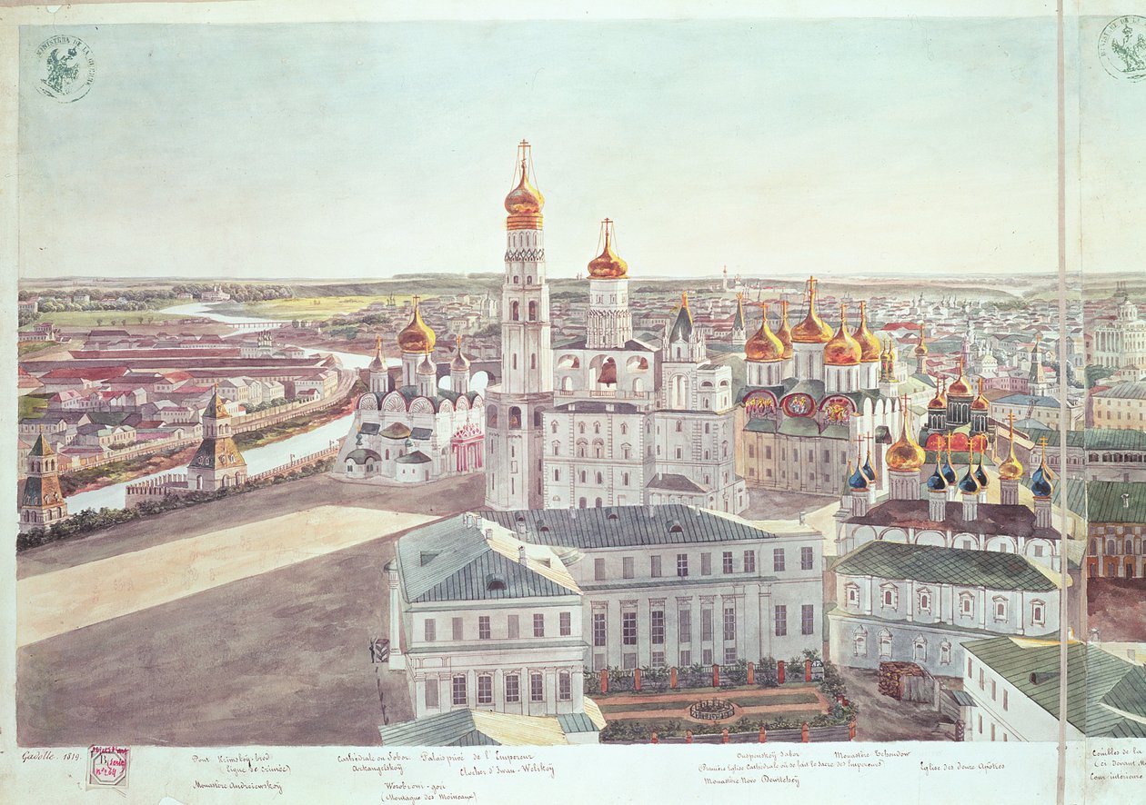 Panorama over Moskva, detalje af Kreml-katedralerne, 1819 (se 170140-170146) af Gadolle