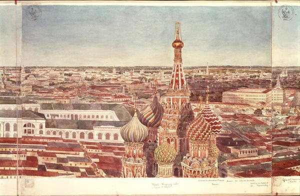 Panorama over Moskva, forestillende St. Basil-katedralen, 1819 (wc på papir) (se 170139-170146) af Gadolle
