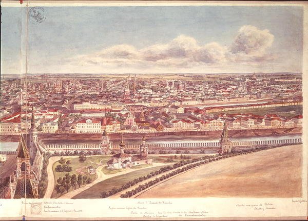 Panorama over Moskva, der viser Kreml-murene og Moskva-floden, 1819 (wc på papir) (se 170139-170145) af Gadolle