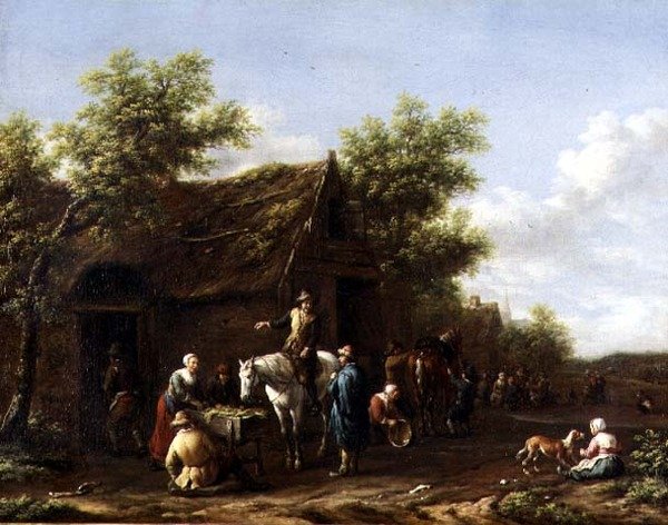 Rejsende hviler deres heste ved en lade af Gael Barend