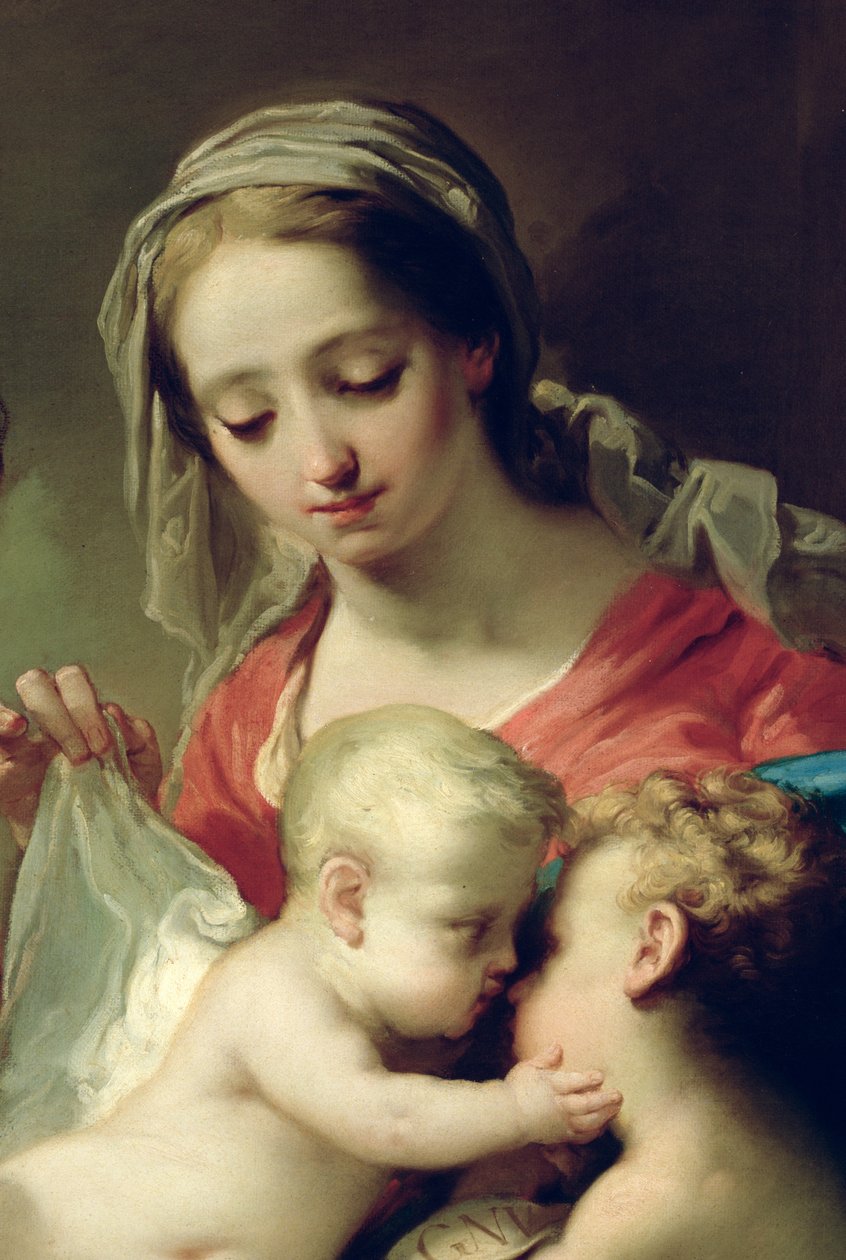 Madonna og barn med de hellige Johannes, Anna og Rocco, ca. 1785 olie på paneldetalje af 50187 af Gaetano Gandolfi