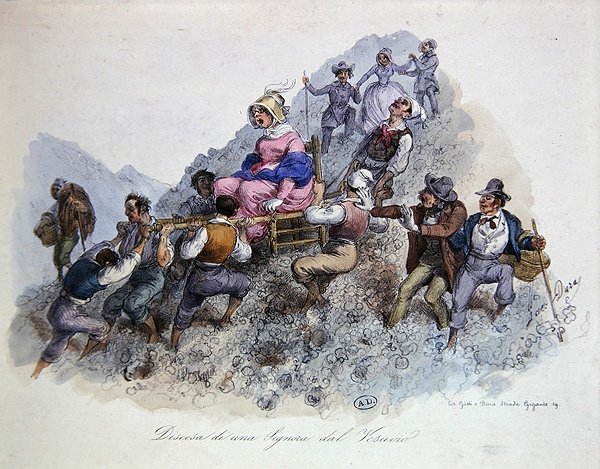 En turist på vej ned fra Vesuv, ca. 1830 (farve litho) af Gaetano (after) Dura