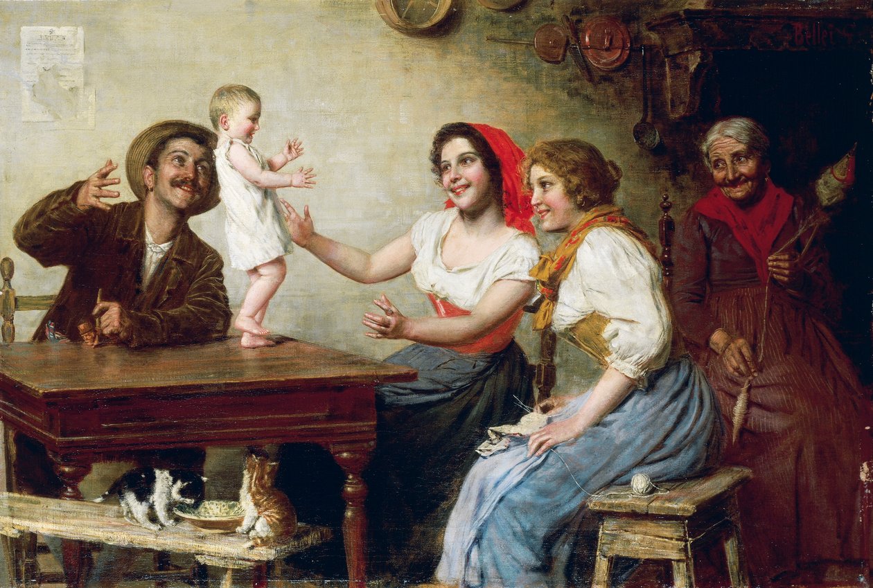 First Steps, af Gaetano Bellei (1857-1922), olie på lærred, 55x82,5 cm af Gaetano Bellei