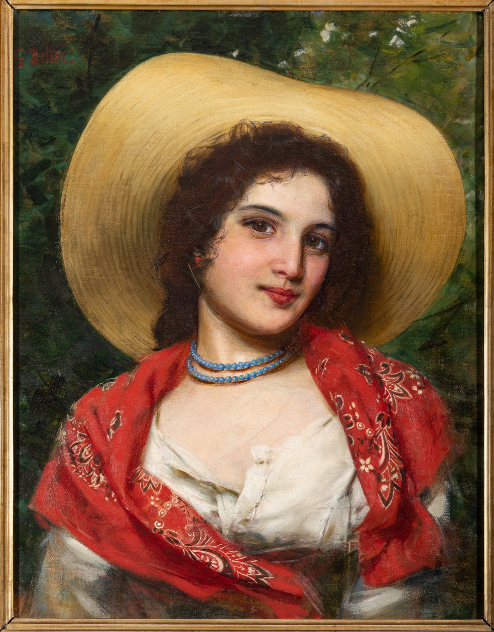 Pige med gul hat (olie på lærred) af Gaetano Bellei