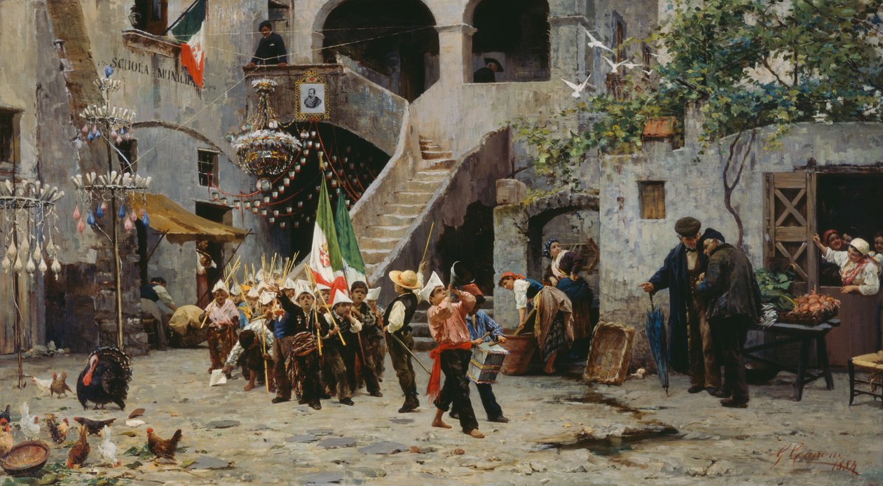 Eläköön kuningas, lasten kulkue Italian lipun kanssa af Gaetano Capone