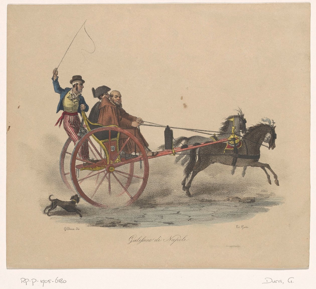 Tre mænd i en vogn Galessino di Napoli (titel på objekt) af Gaetano Dura