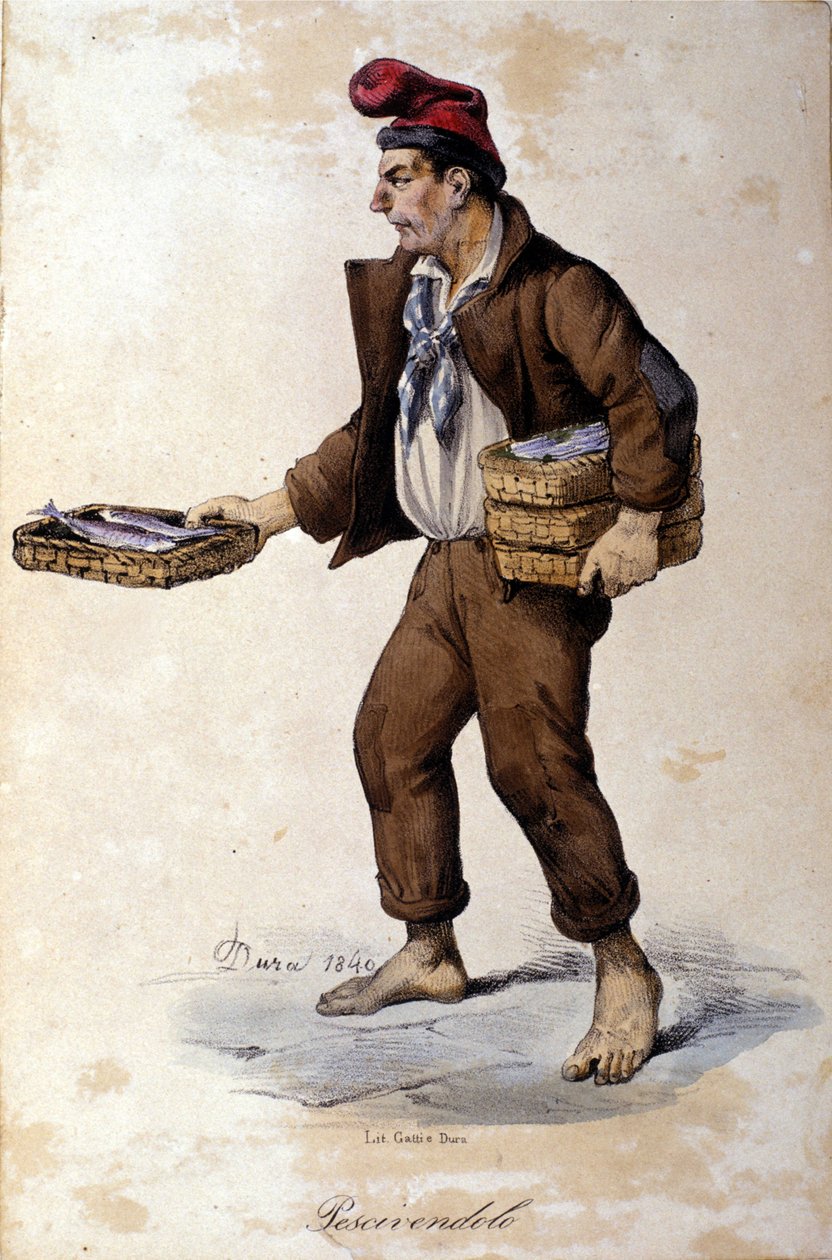 Små metier af Napoli: sælgeren af fisk (fiskehandler). Litografi af F. Dura af Gaetano Dura