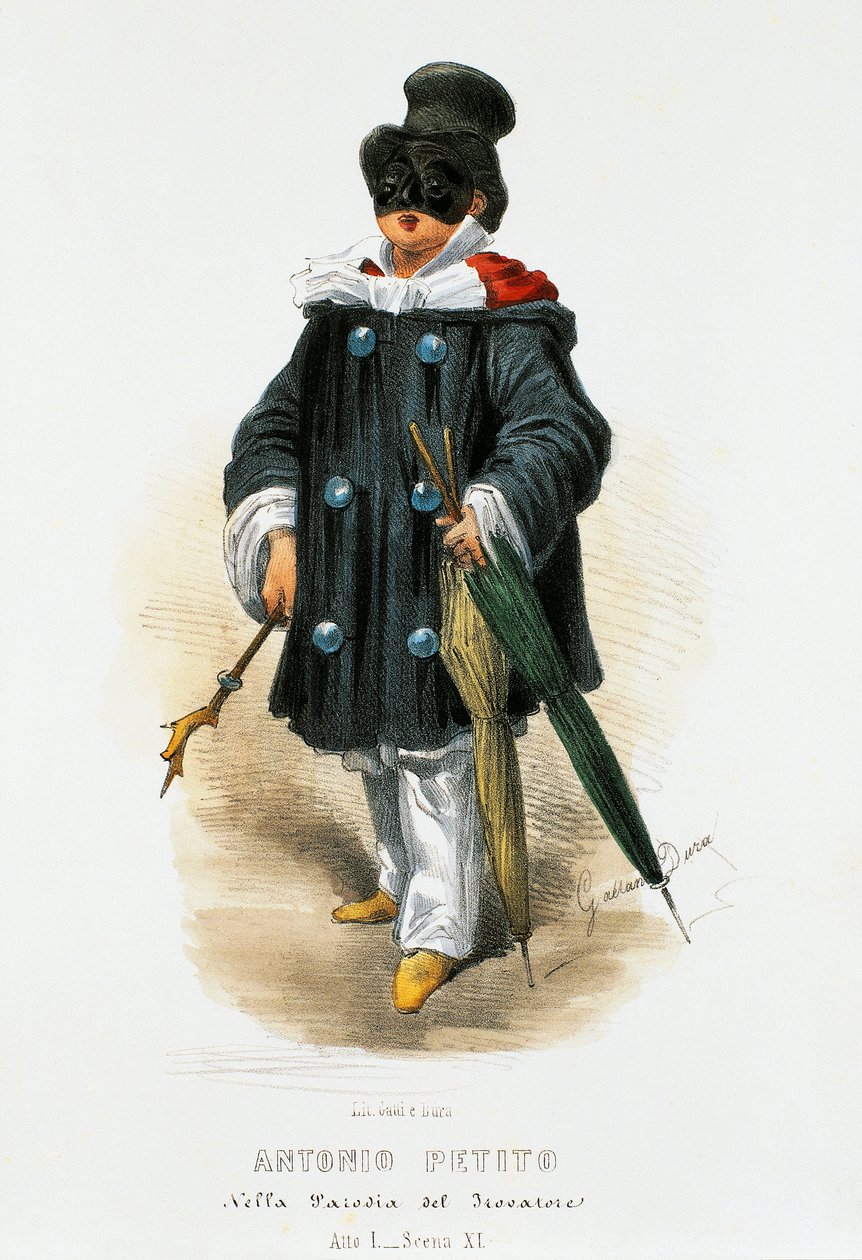 Skuespilleren Antonio Petito (1822-1876) i scenekostume i parodien Troubaduren, litografi af Gaetano Dura (1805-1874) af Gaetano Dura