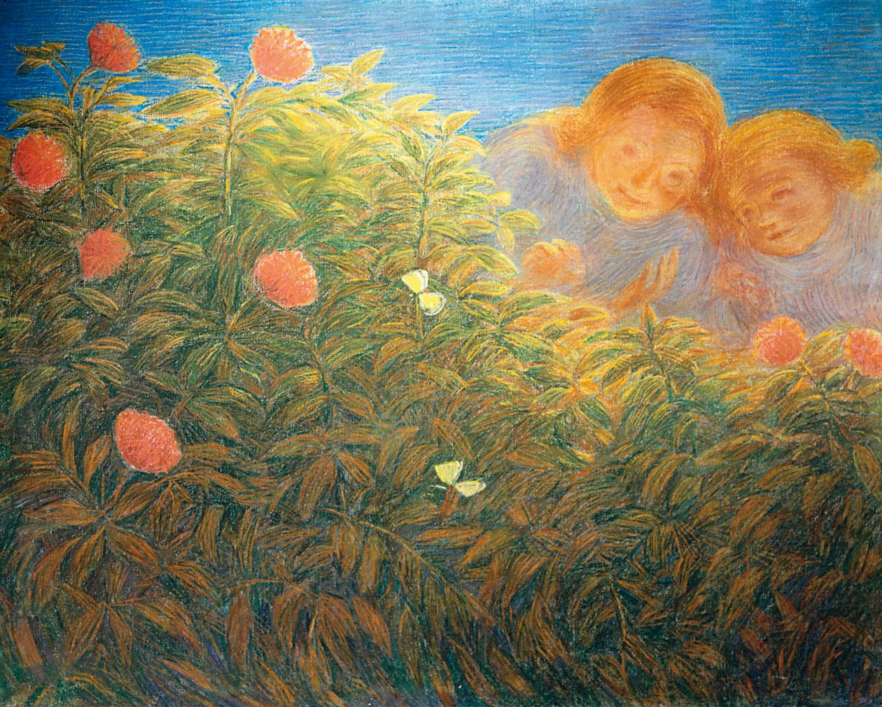 Blomster og sommerfugle, af Gaetano Previati (1852-1920), olie på lærred af Gaetano Previati