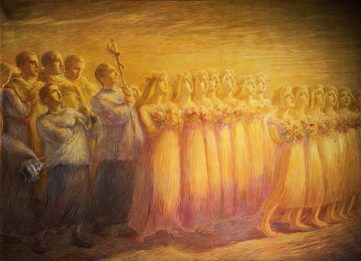 Jomfruens begravelse, af Gaetano Previati (1852-1920), Detalje af højre side af Gaetano Previati