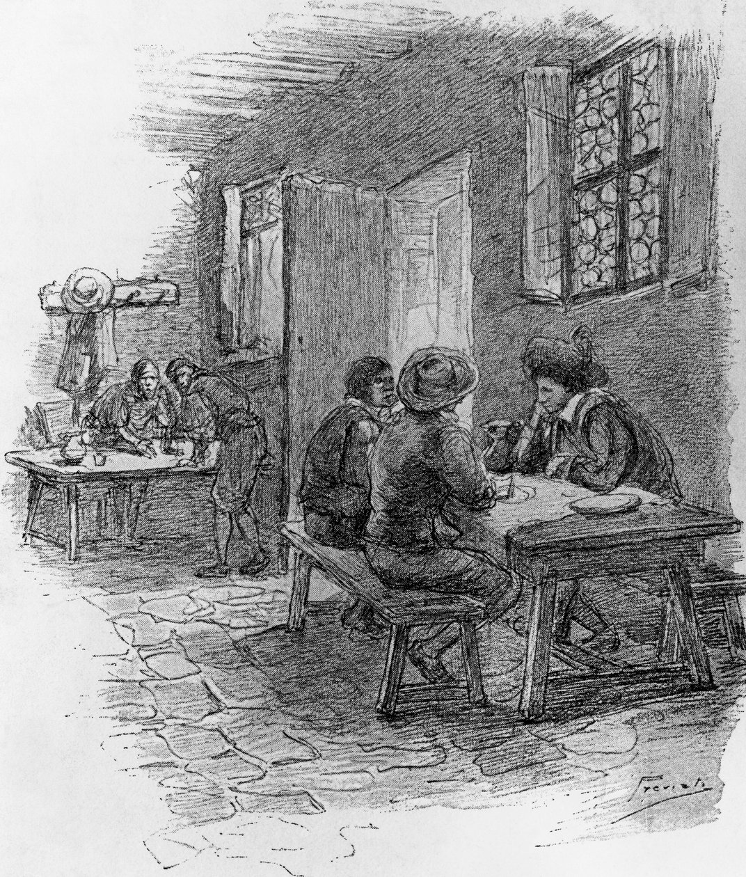 Renzo, Tonio og Gervase på kroen, kapitel VII, illustration af Gaetano Previati (1852-1920) for Trofasthed, historisk roman af Alessandro Manzoni (1785-1873) af Gaetano Previati