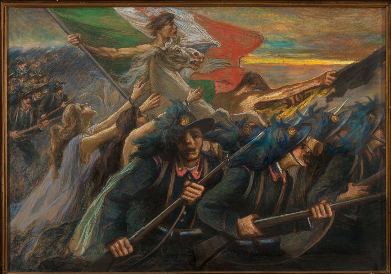 Trento og Trieste, Bersaglieriernes anklage (riflemænd) (olie på lærred) af Gaetano Previati