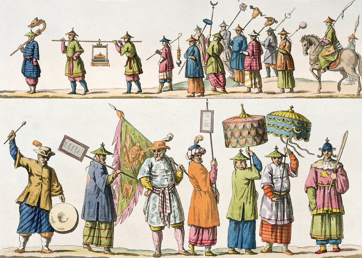 De vigtigste ledsagere i den kinesiske kejsers procession, illustration fra "Le Costume Ancien et Moderne" af Giulio Ferrario, udgivet omkring 1820-30