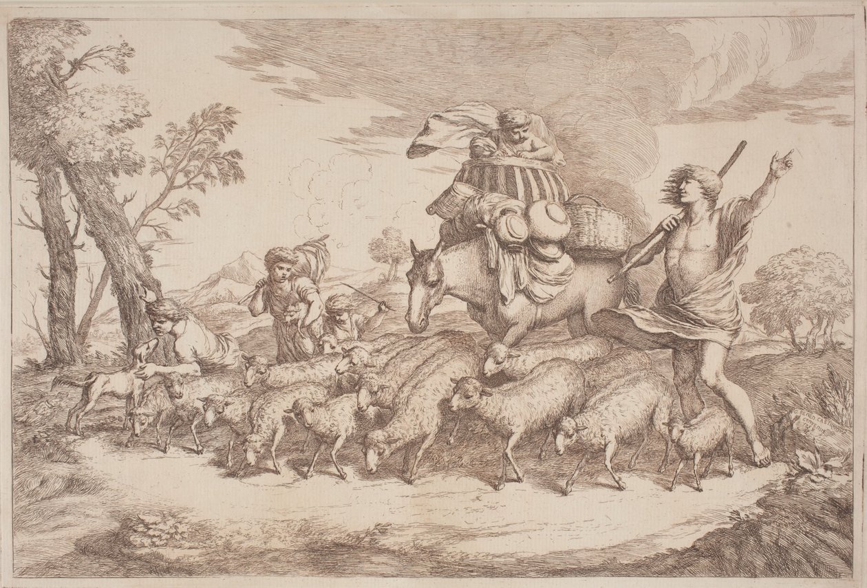 En pastoral rejse med et barn i en kurv til hest af Gaetano Zompini, after Giovanni Benedetto Castiglione