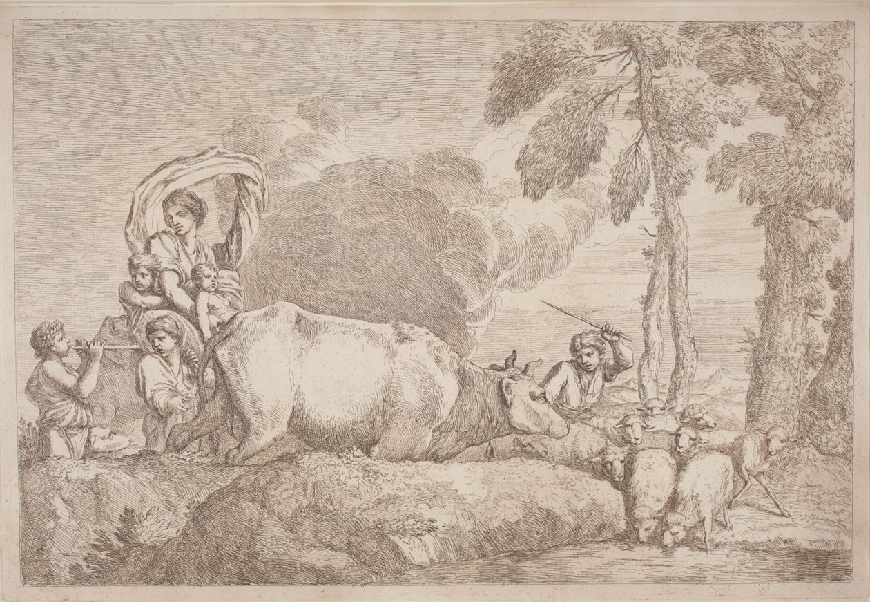 En kvinde med to børn til hest af Gaetano Zompini, after Giovanni Benedetto Castiglione