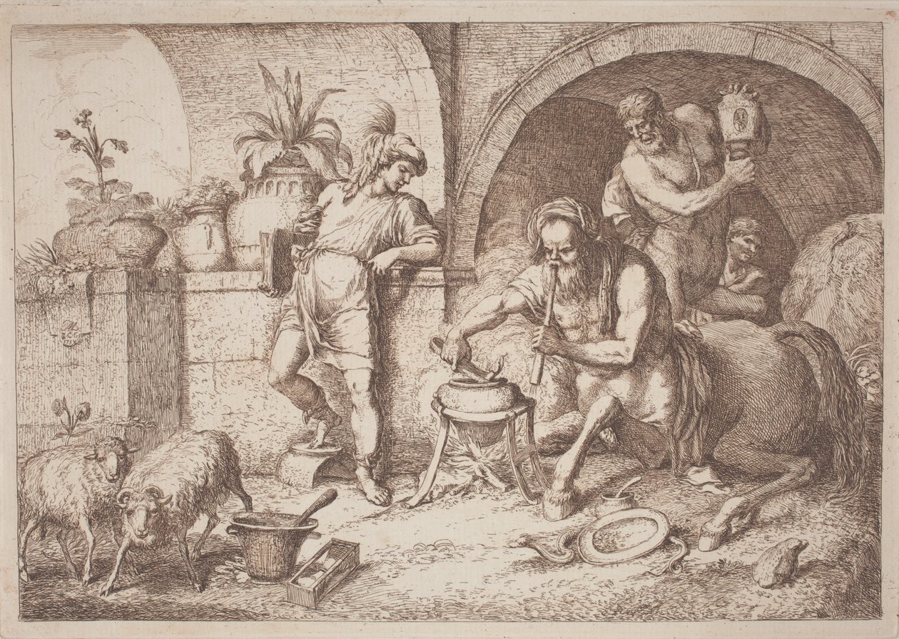 Chiron lærer Achilleus magi af Gaetano Zompini, after Giovanni Benedetto Castiglione