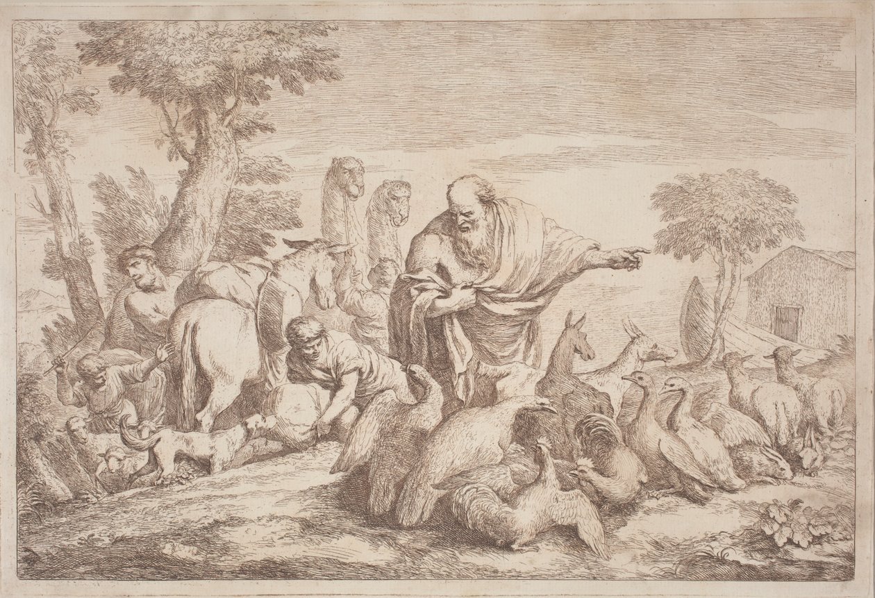 Noah fører dyrene til arken af Gaetano Zompini, after Giovanni Benedetto Castiglione