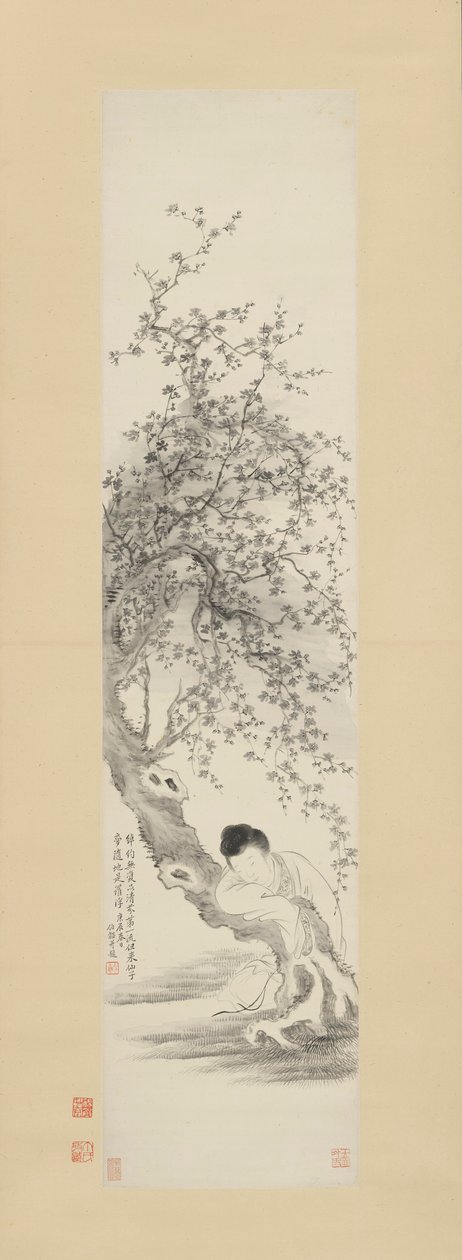 Lady læner sig op ad et blommetræ af Gai Qi