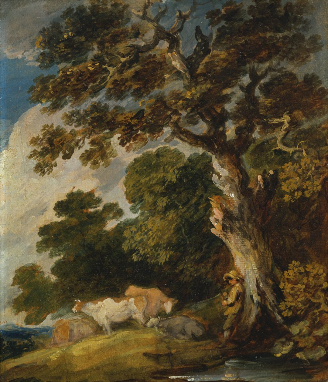 Et træbevokset landskab med kvæg og hyrde af Gainsborough Dupont