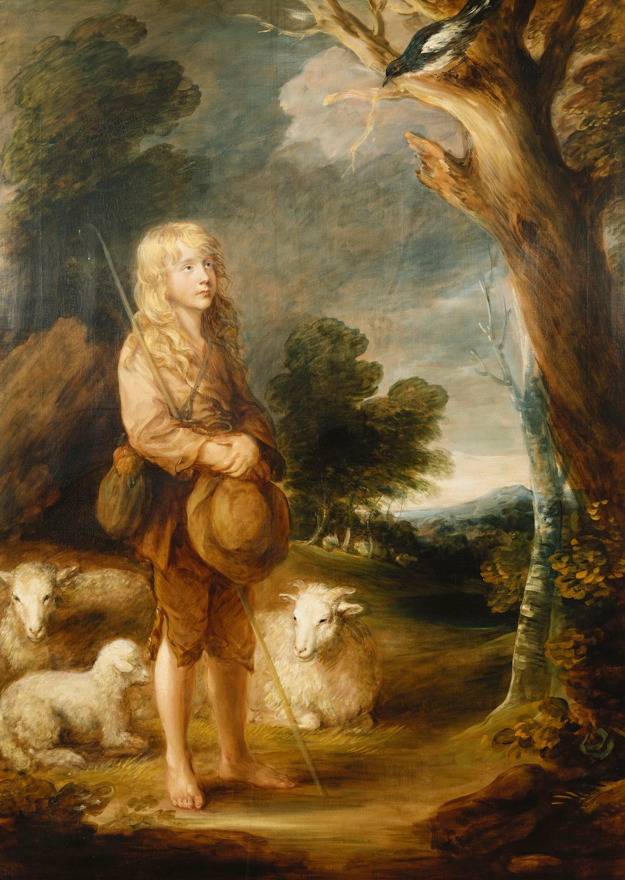 Et skovklædt landskab med en hyrdedreng, der lytter til en magpie, og tre får, af Gainsborough Dupont
