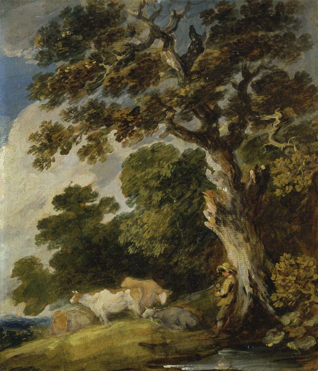 Et skovklædt landskab med kvæg og hyrder (olie på papir på lærred) af Gainsborough Dupont