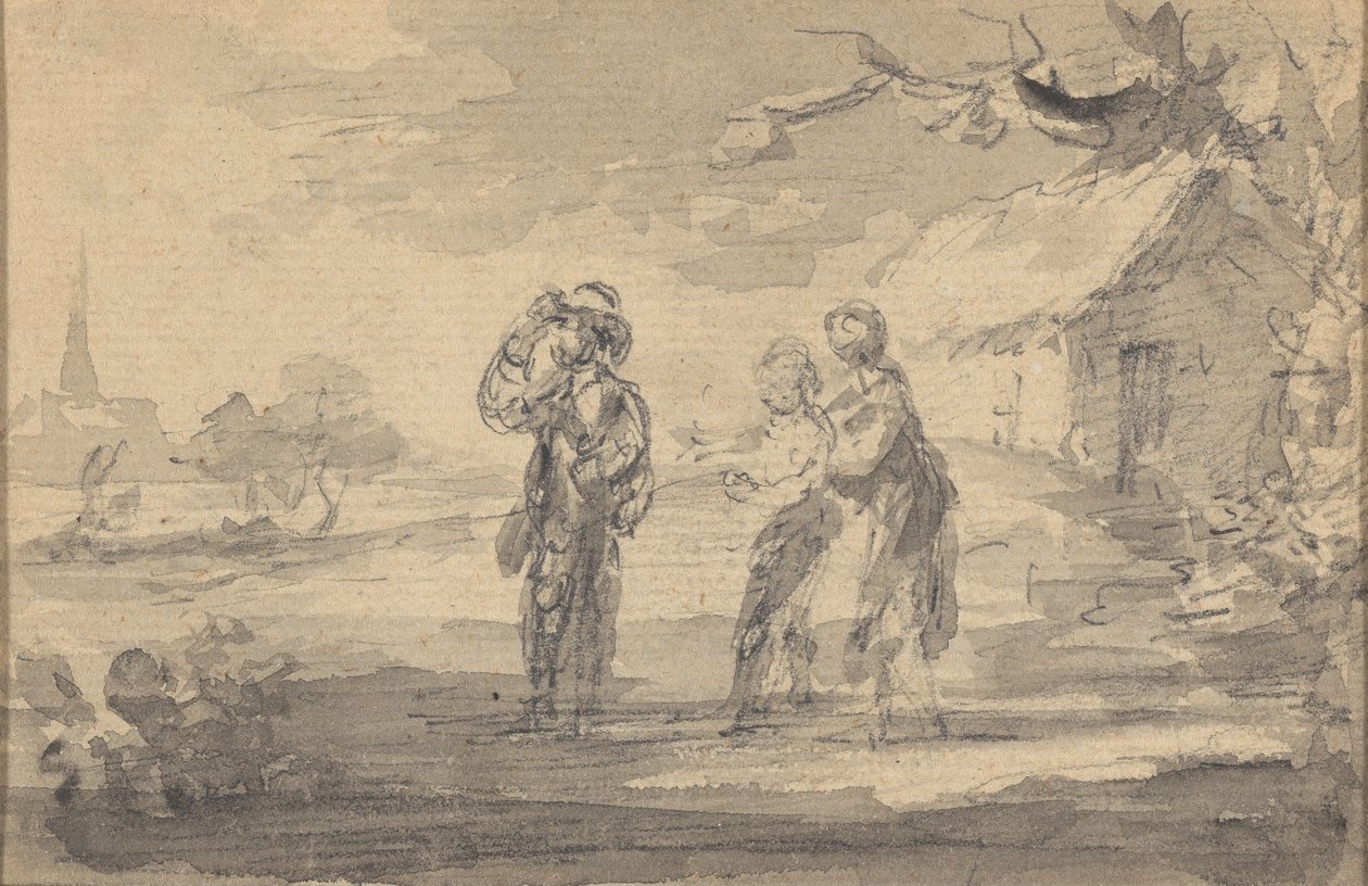 Landskab med tre figurer, sommerhus og kirkespir af Gainsborough Dupont