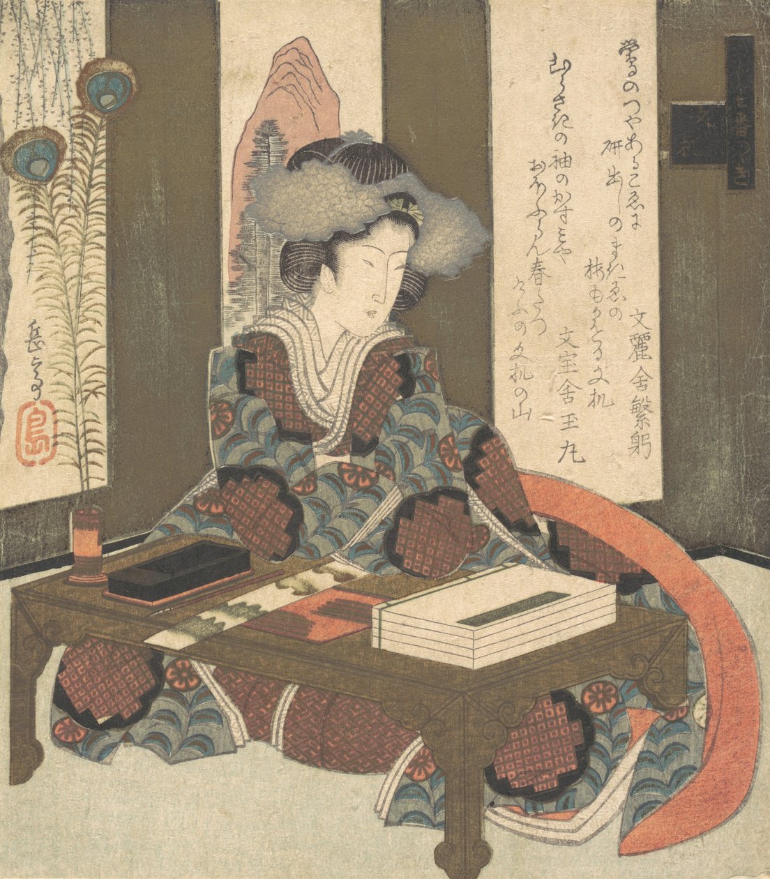 En dame, der skal skrive et digt, ca. 1820. af Gakutei