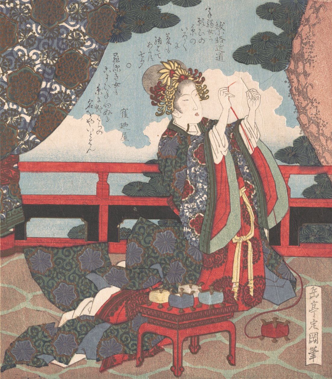 Lady Threading Needle på Verandah, 1800-tallet. af Gakutei