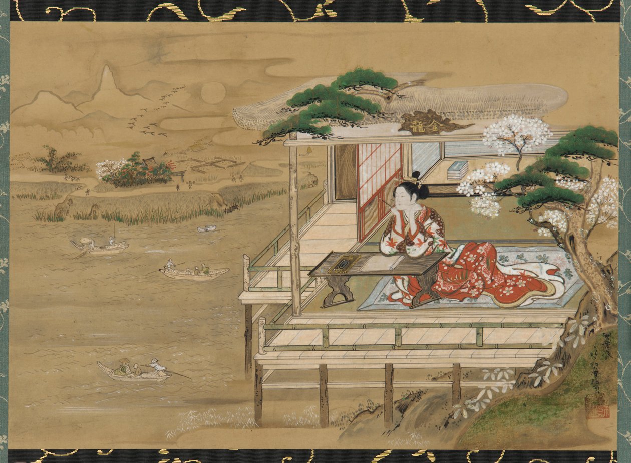 Murasaki Shikibu pulver mpo ny g te tae f Genji på Ishiyamadera, Edo Perio d, 19. linje. af Gakutei