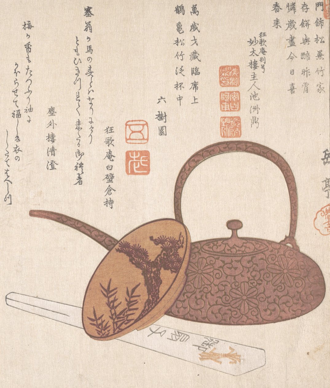 Vinpotte, vinkop og foldet ventilator, 1800-tallet. af Gakutei