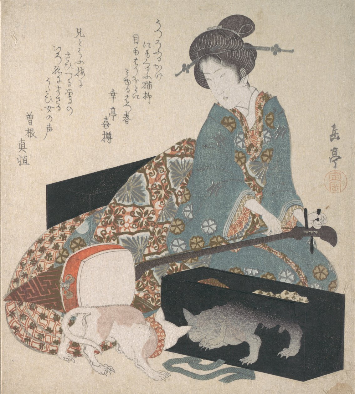 Kvinde tuner en Shamisen og en kat ser på sin egen refleksion, midten af 1820
