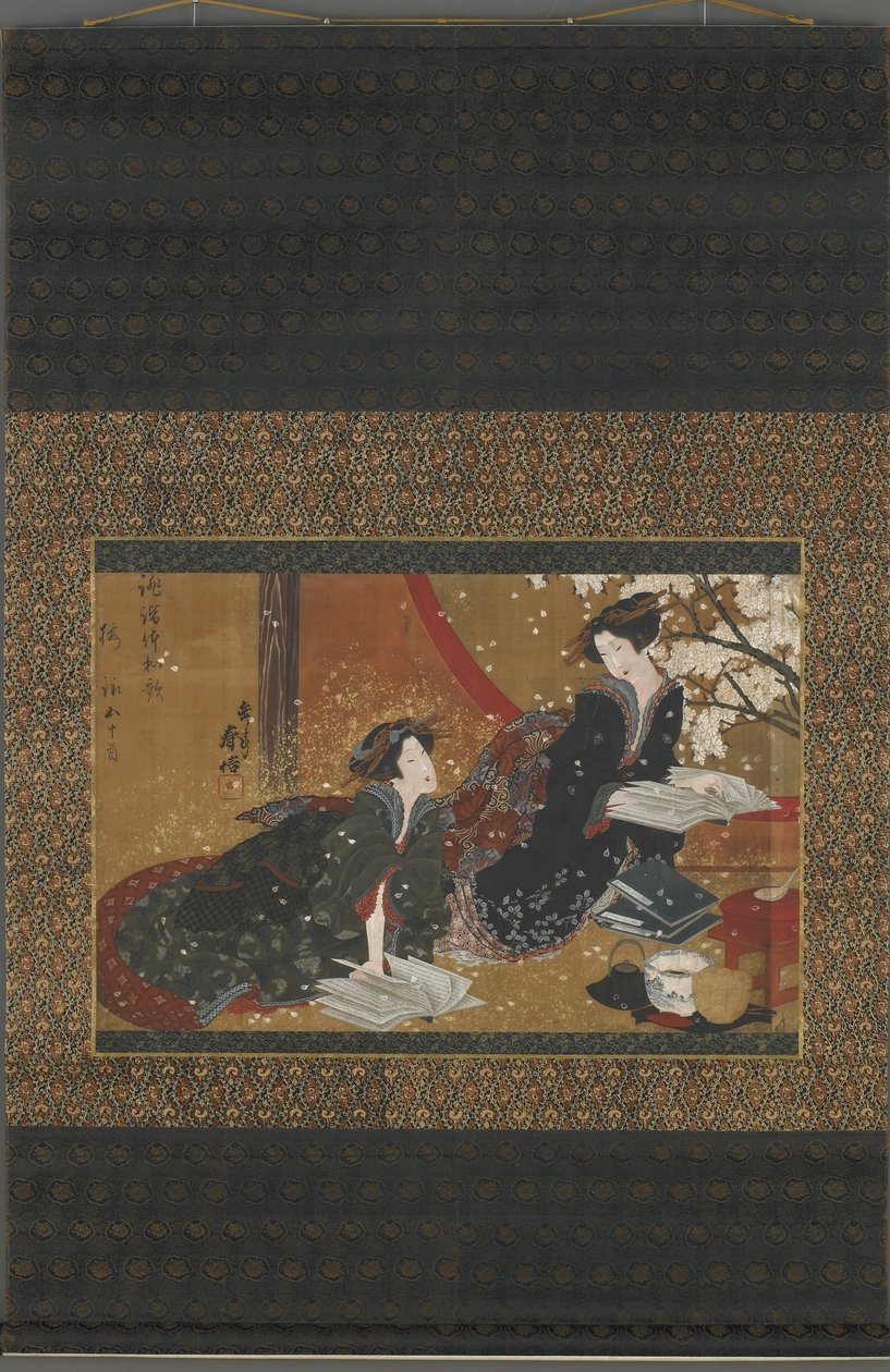 To geisha læser fra en bog, Edo-periode (farve, guld og sølv på silke) af Gakutei Harunobu
