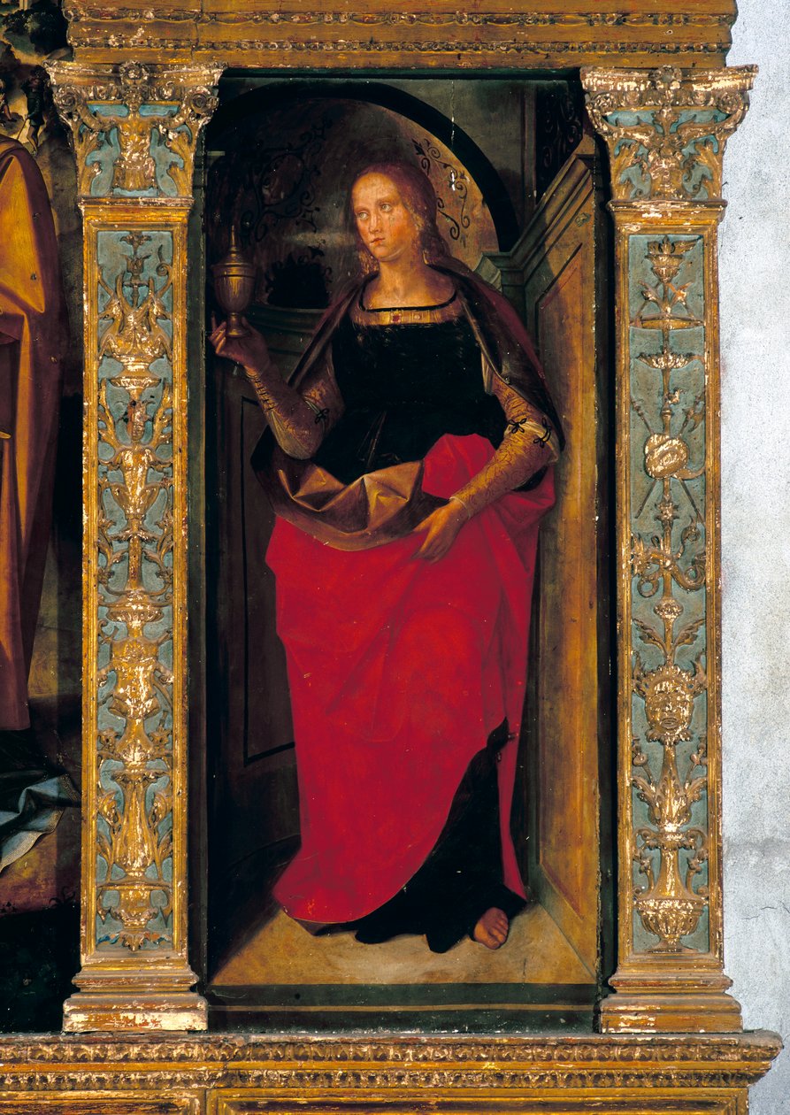 Polyptykon med Fødselskirken med sidepaneler med de hellige Peter, Paul, Clement og Magdelene (detalje af Maria Magdelene) af Galeazzo and Aleni Tommaso fl.1505 15) Campi
