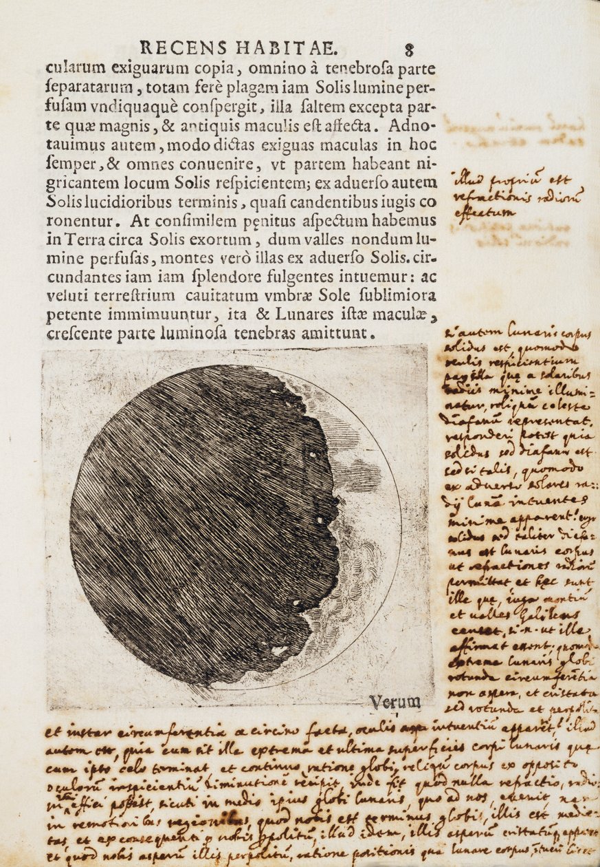 Sidereus Nuncius (Starry Messenger) med tegninger af Månens faser og overflade af Galileo Galilei