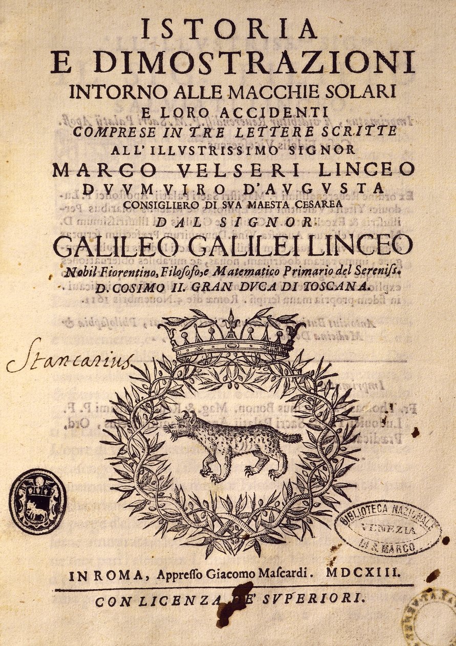 Titelside til Historie og demonstrationer vedrørende solpletter og deres egenskaber af Galileo Galilei