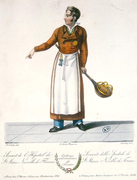 En tjener på Santa Maria Novella Hospital i Firenze, begyndelsen af det nittende århundrede (farve litho) af Galli (after)
