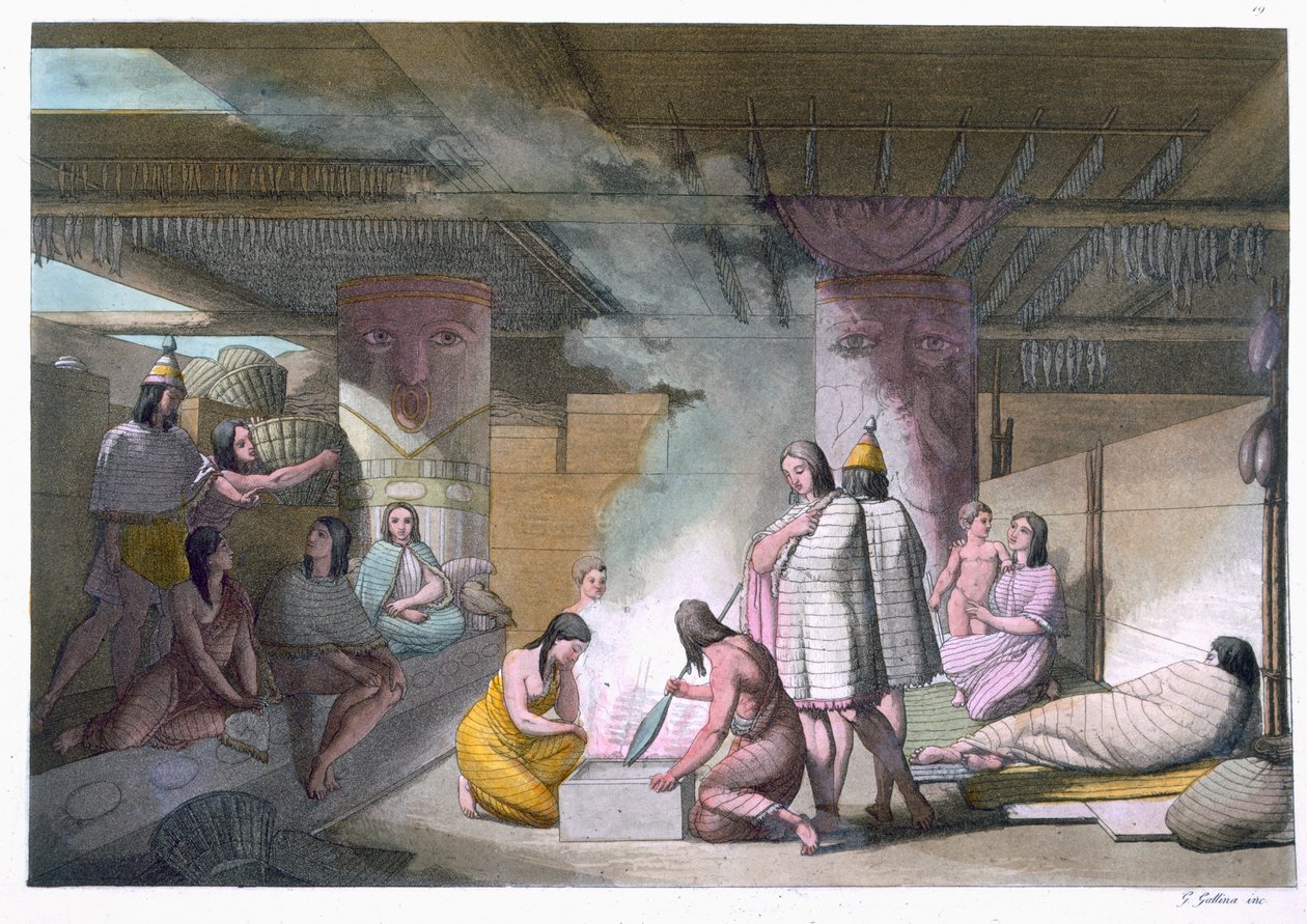 Interiør af en hytte fra Nootka-stammen, fra "Le Costume Ancien et Moderne", bind I, billede 19, af Jules Ferrario, udgivet omkring 1820-30