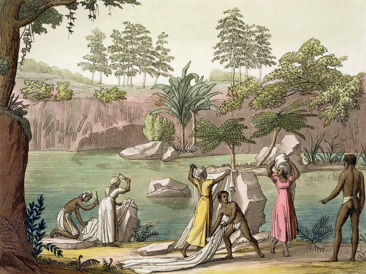 Flod nær San Benedetto, Madagaskar, planche 81 fra "Le Costume Ancien et Moderne" af Jules Ferrario, udgivet omkring 1820-30