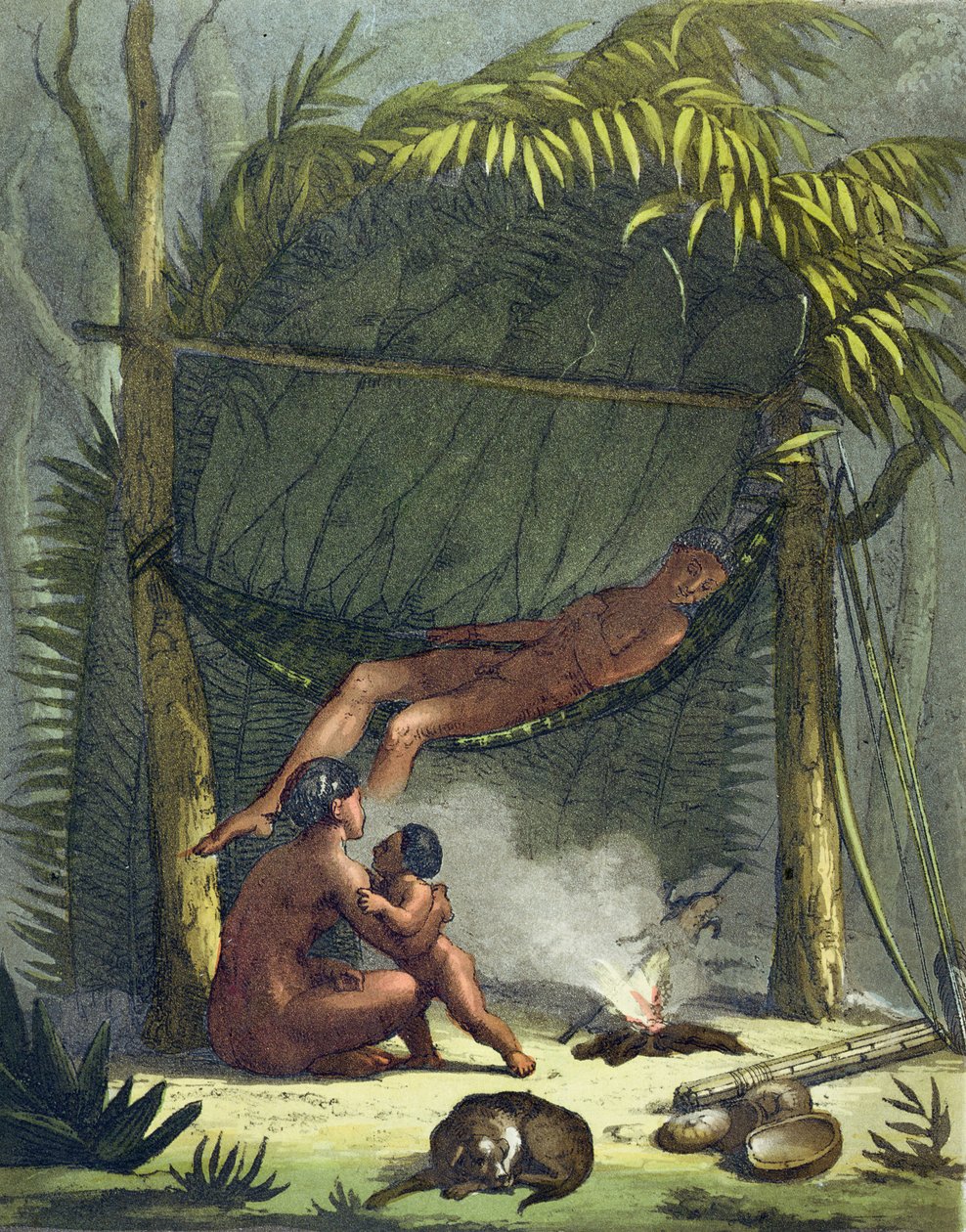 Udsigt over en Puri-hytte i Brasilien, ca. 1820 af Gallo Gallina