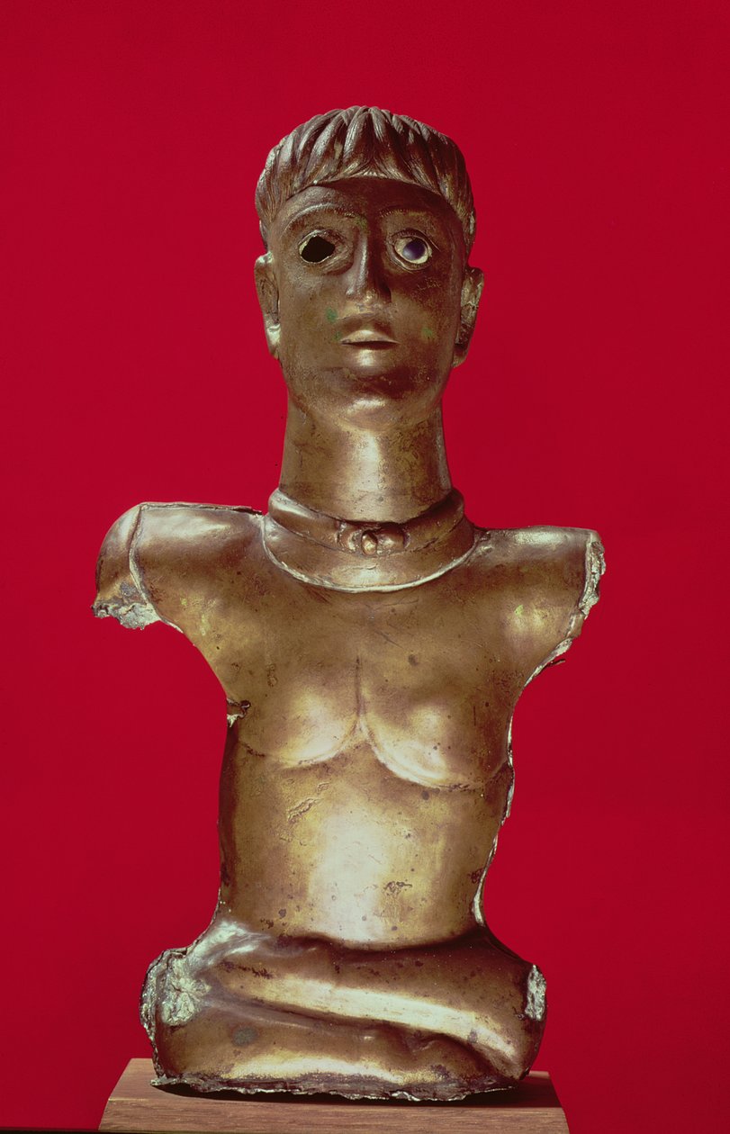 Figur af en gud iført et drejningsmoment, der sidder med krydsede ben, fra Bournay (Essonne) (bronze) af Gallo Roman