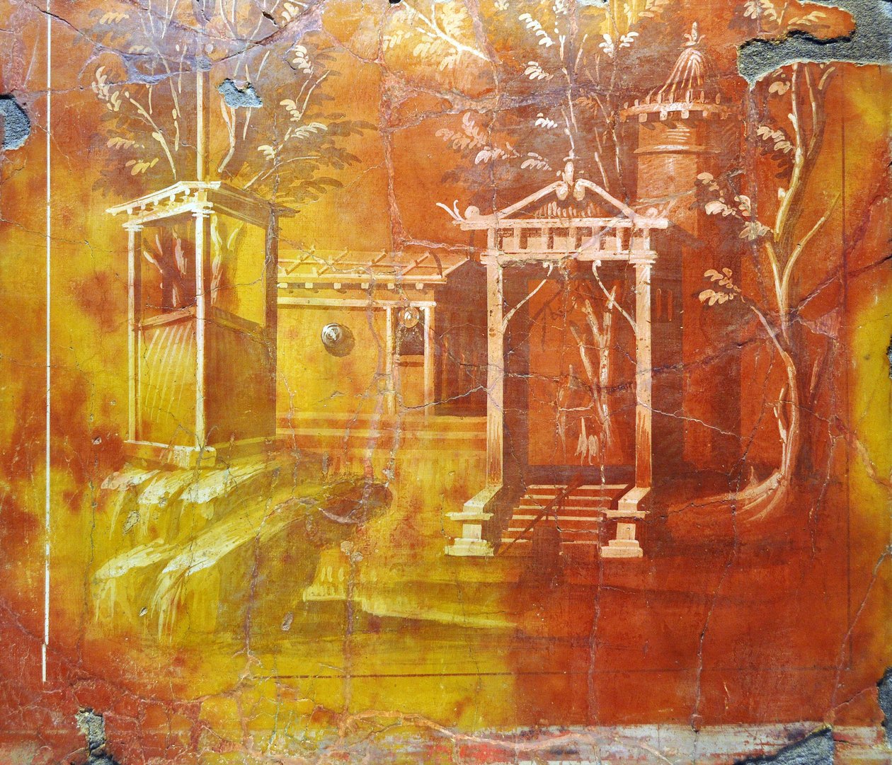 Romersk kunst: arkitektonisk landskab med tempel og hellig portal fra Villa Papiri (fresko) af Gallo Roman