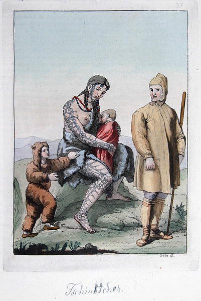 Et Chukchi-par med deres børn, illustration fra 