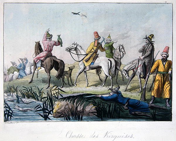 Kirghiziske jægere, der skyder og jager med falke, illustration fra 