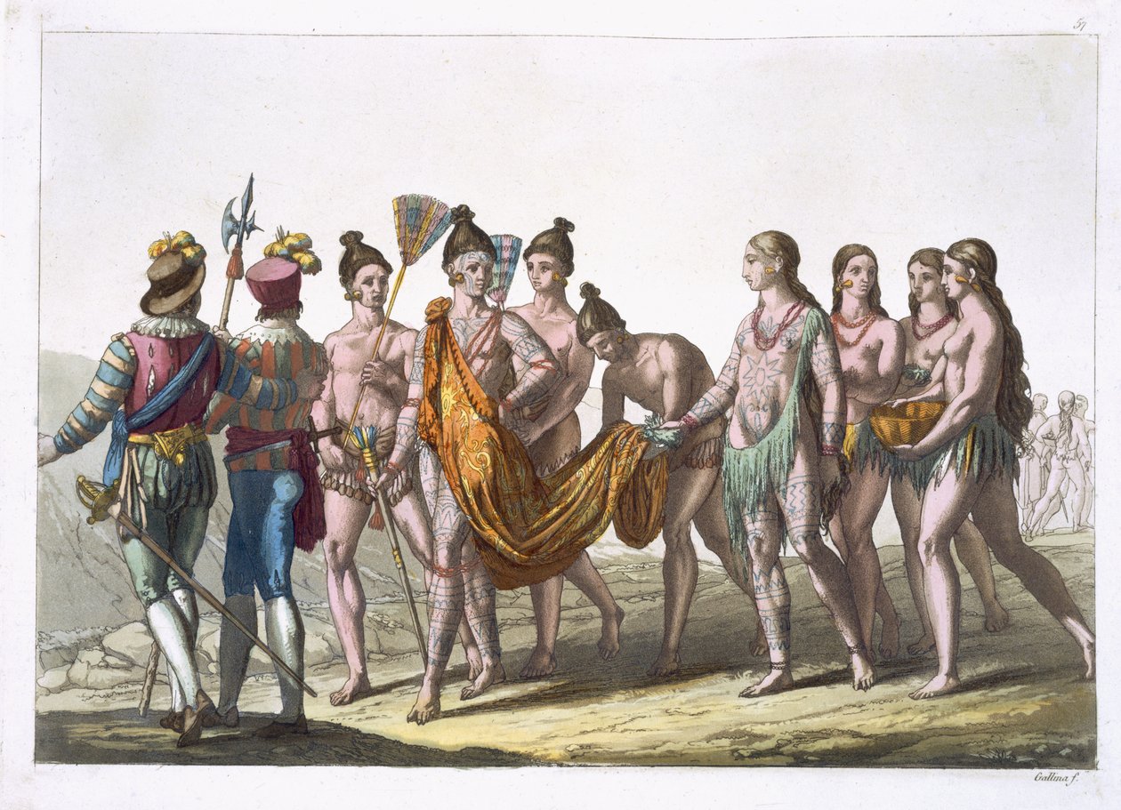 Indfødte amerikanske enker henvender sig til deres høvding for at få tilladelse til at gifte sig igen, planche 57 fra "Le Costume Ancien et Moderne" af Jules Ferrario, udgivet omkring 1820-30