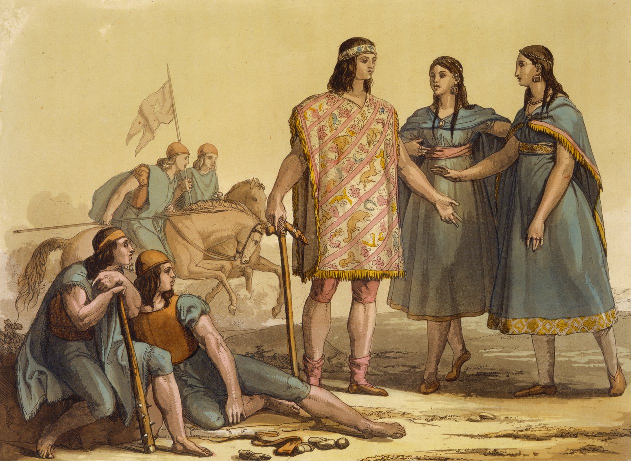 Indfødte af Araucani-stammen, Argentina, fra Le Costume Ancien et Moderne, bind II, plade 37, af Jules Ferrario, udgivet ca. 1820
