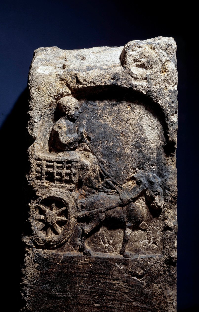 Art Gallo Romain: stele, der repræsenterer en mand på en vogn spændt til en hest. 50 f.Kr.-100 e.Kr. Metz. Museum for Skønne Kunster af Gallo Roman