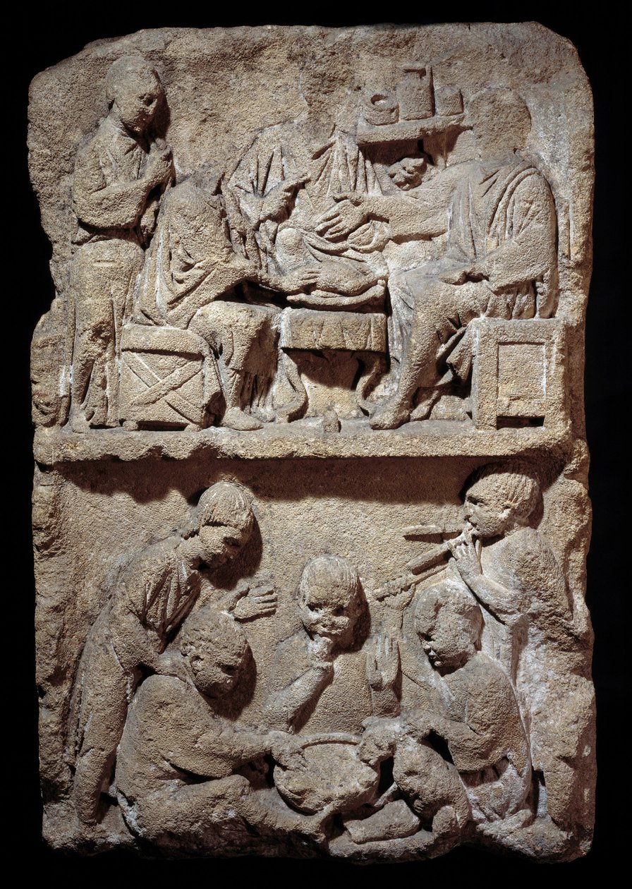 Art Gallo Romain: stele, der repræsenterer en scene med måltider og børns spil. 50 f.Kr.-100 e.Kr. Metz. Museum for Skønne Kunster af Gallo Roman