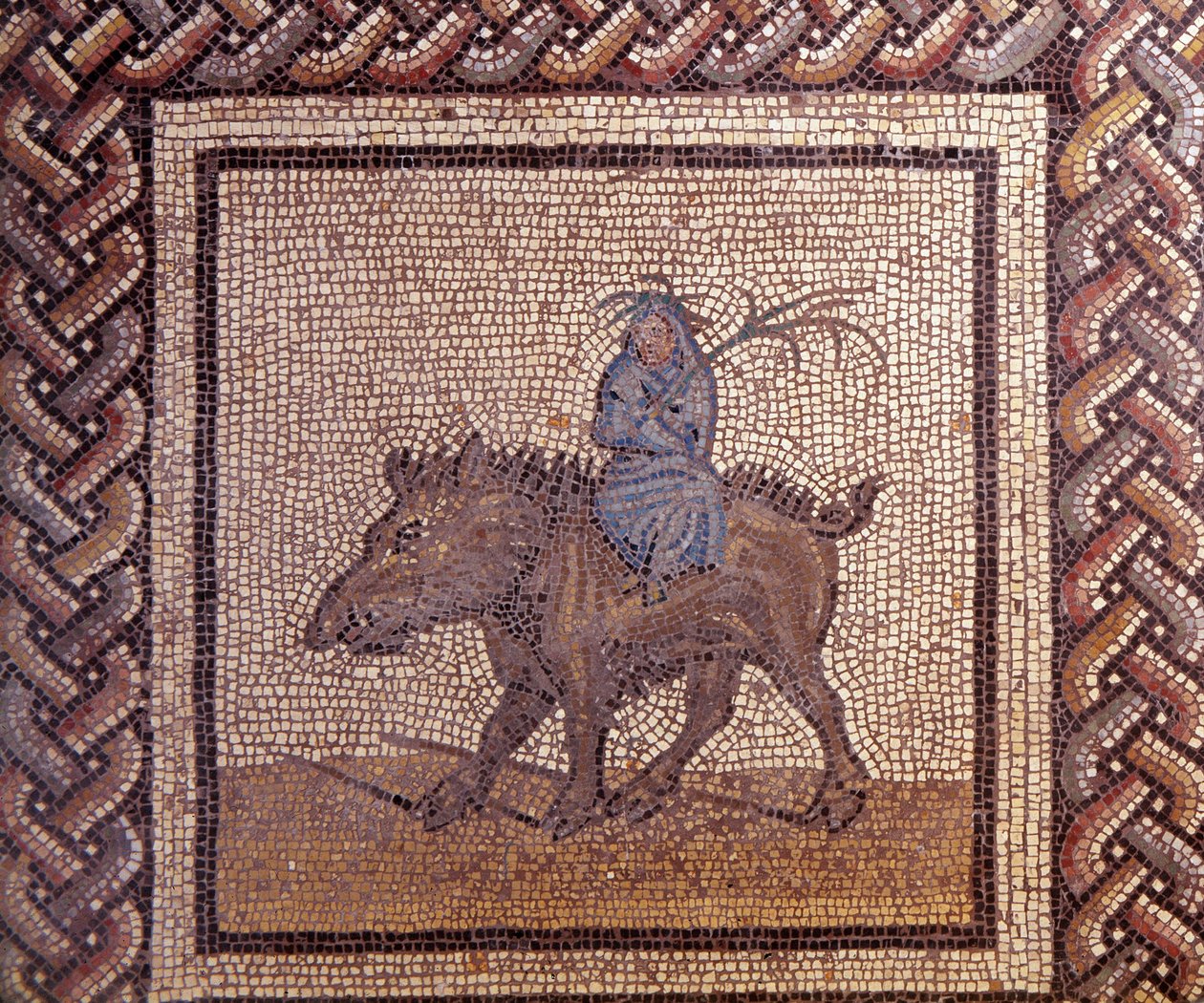 Gallo romersk kunst: mosaikbelægning, der repræsenterer en rustik kalender. Allegory of Winter rider på en orne. Slutning 2., begyndelsen af 3. århundrede efter JC. Fra Saint-Romain-en-Gal (Rhône). Saint Germain en Laye, Nationalmuseet for arkæologi af Gallo Roman
