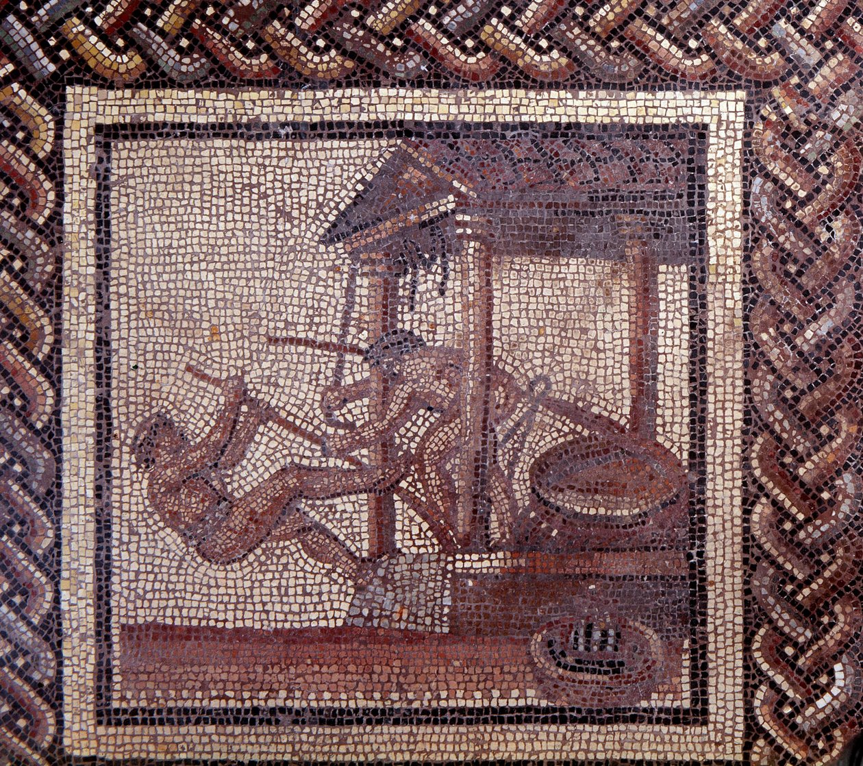 Gallo romersk kunst: mosaikbelægning, der repræsenterer en rustik kalender. En oliepresse. Slutning 2., begyndelsen af 3. århundrede efter JC. Fra Saint-Romain-en-Gal (Rhône). Saint Germain en Laye, Nationalmuseet for arkæologi af Gallo Roman